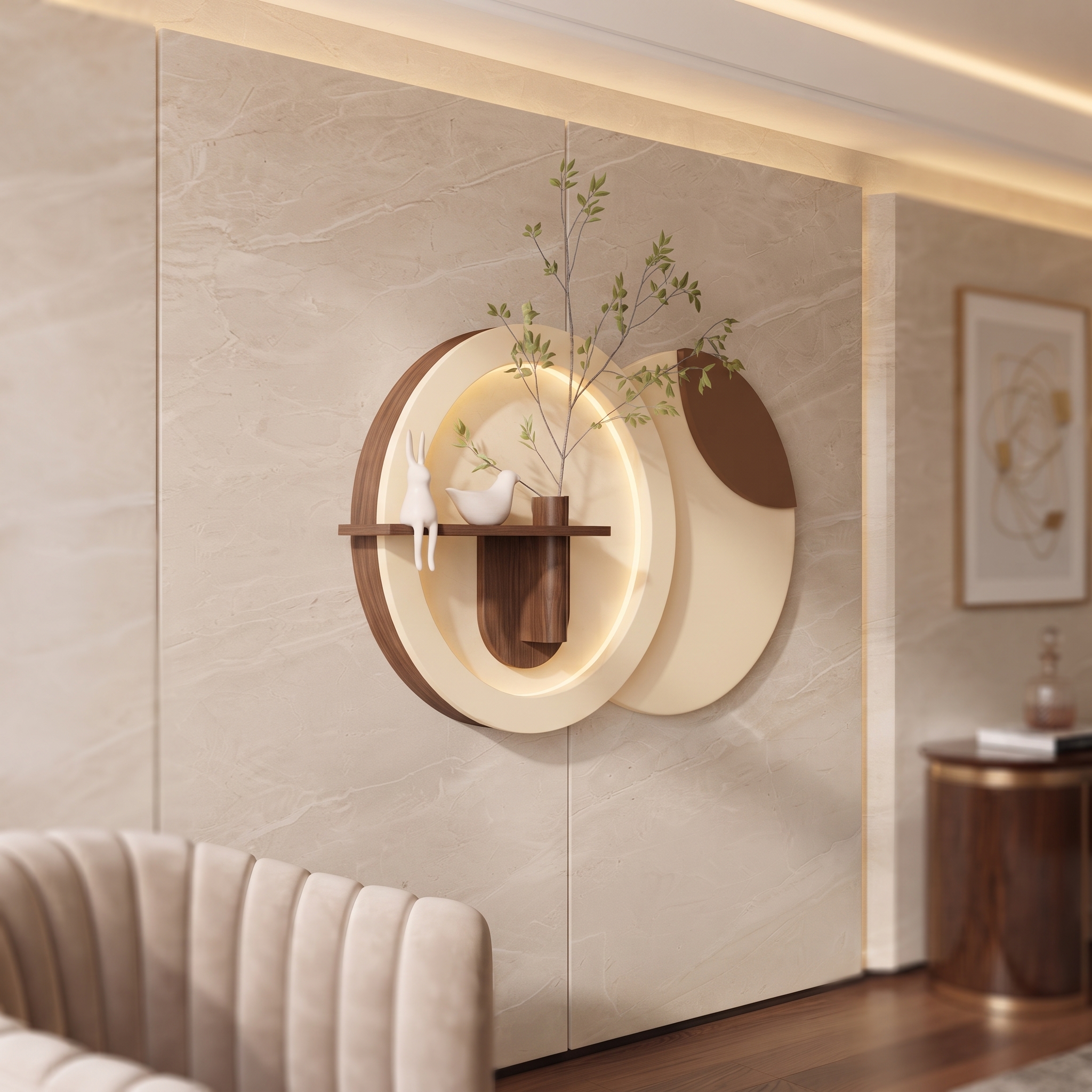 AS arts & handicraft Luxury Round LED Wall Art with Wooden Planter and Decorative Display Shelf - Image 6