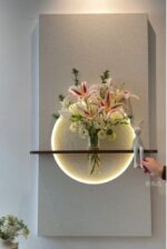 Modern LED Illuminated Floating Wall Mounted Glass Flower Vase with Ambient Halo Light for Living Room, Bedroom, Hallway & Office Home Décor