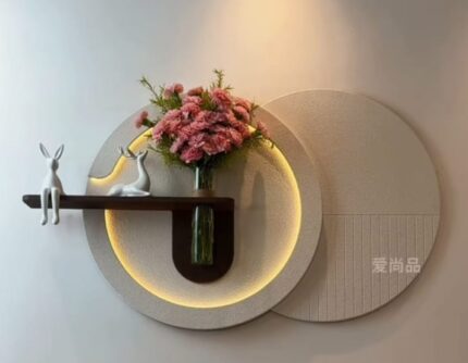AS arts & handicraft  Luxury Circular LED Wall Art with Floating Shelf & Glass Vase