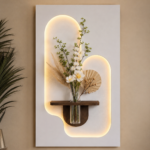 Luxury Dual Arch LED Wall Art with Floating Wooden Shelf & Glass Vase – Modern Ambient Wall Decor for Living Room, Bedroom, Hallway & Office