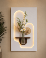 Luxury Dual Arch LED Wall Art with Floating Wooden Shelf & Glass Vase – Modern Ambient Wall Decor for Living Room, Bedroom, Hallway & Office