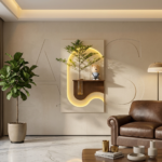 Luxury Wooden LED Wall Decor Panel with Flower Vase Holder & Decorative Display Shelf