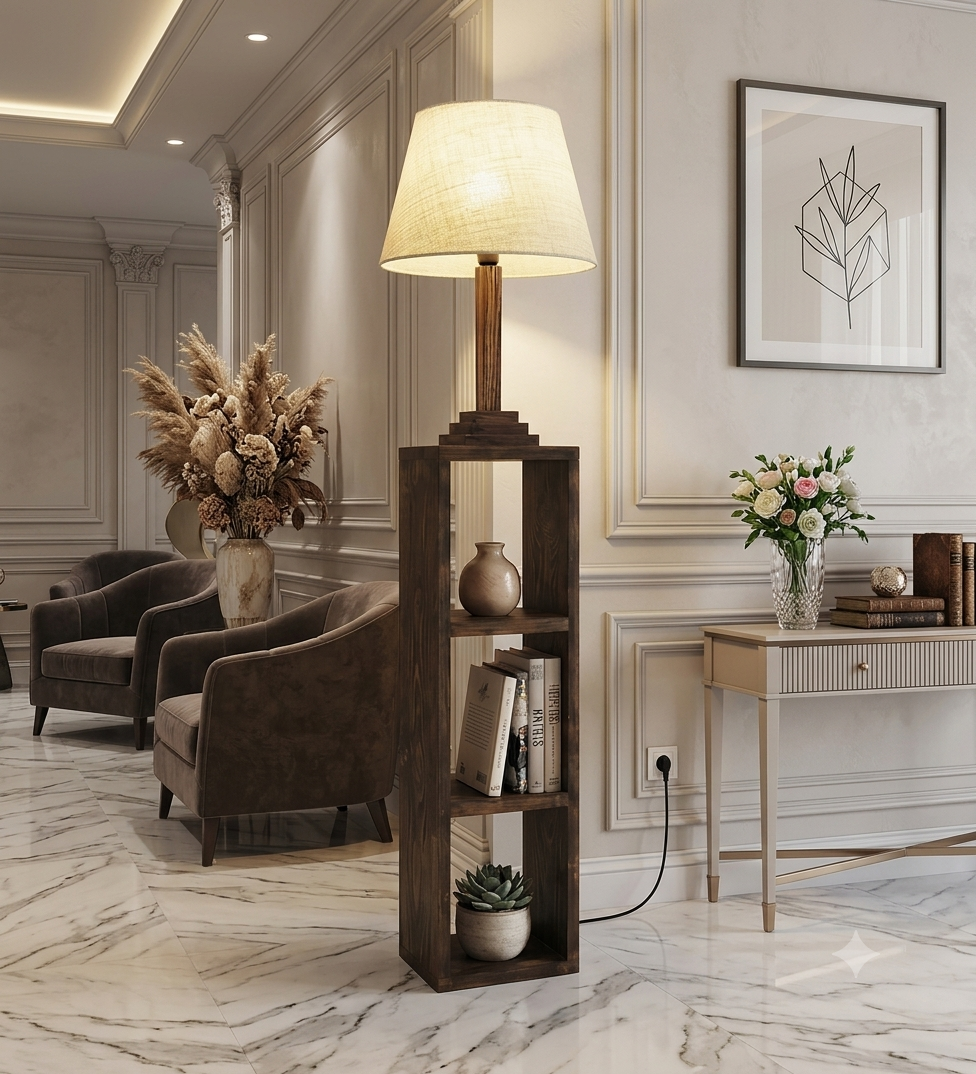 Gemini_Generated_Image_eirv8peirv8peirv AS Arts And Handicraft Luxury Wooden Floor Lamp with Built-in Display Shelf for Living Room, Bedroom & Home Décor - Image 1